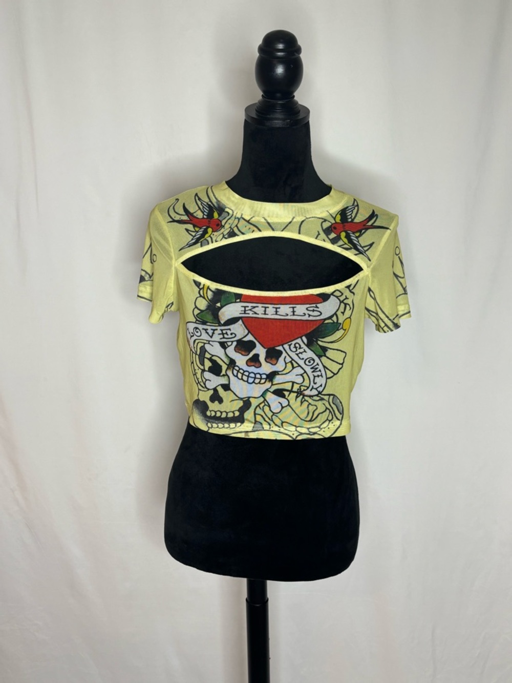 Ed Hardy Y2K Yellow Mesh Crop Top - Love Kills Slowly Size Large